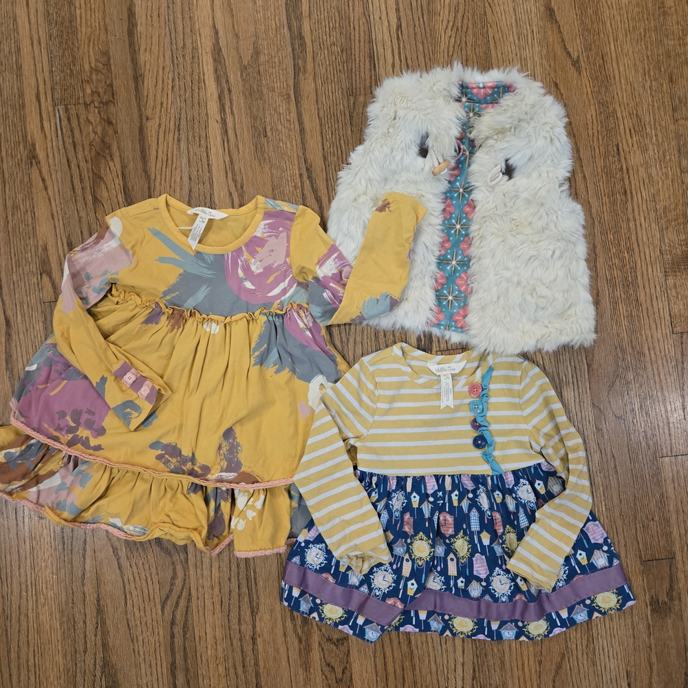 Yellow Floral Dress and Striped Dress with Faux Fur Vest